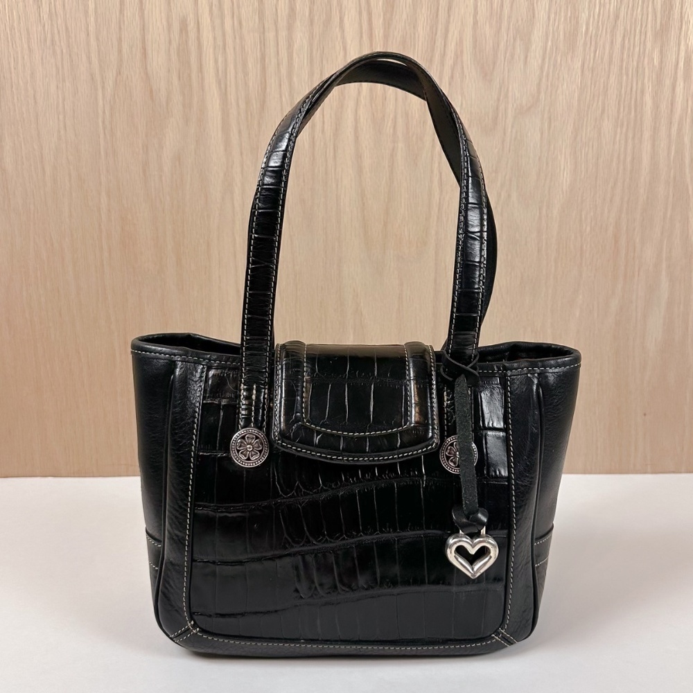 Brighton Black Leather Croc Embossed Shoulder Bag Heart Charm Tote Purse - Picture 1 of 16
